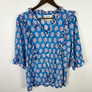 SZ Blockprints Hartley Top Womens Medium Blue Ruffle Paisley Boho Cottage Folk
